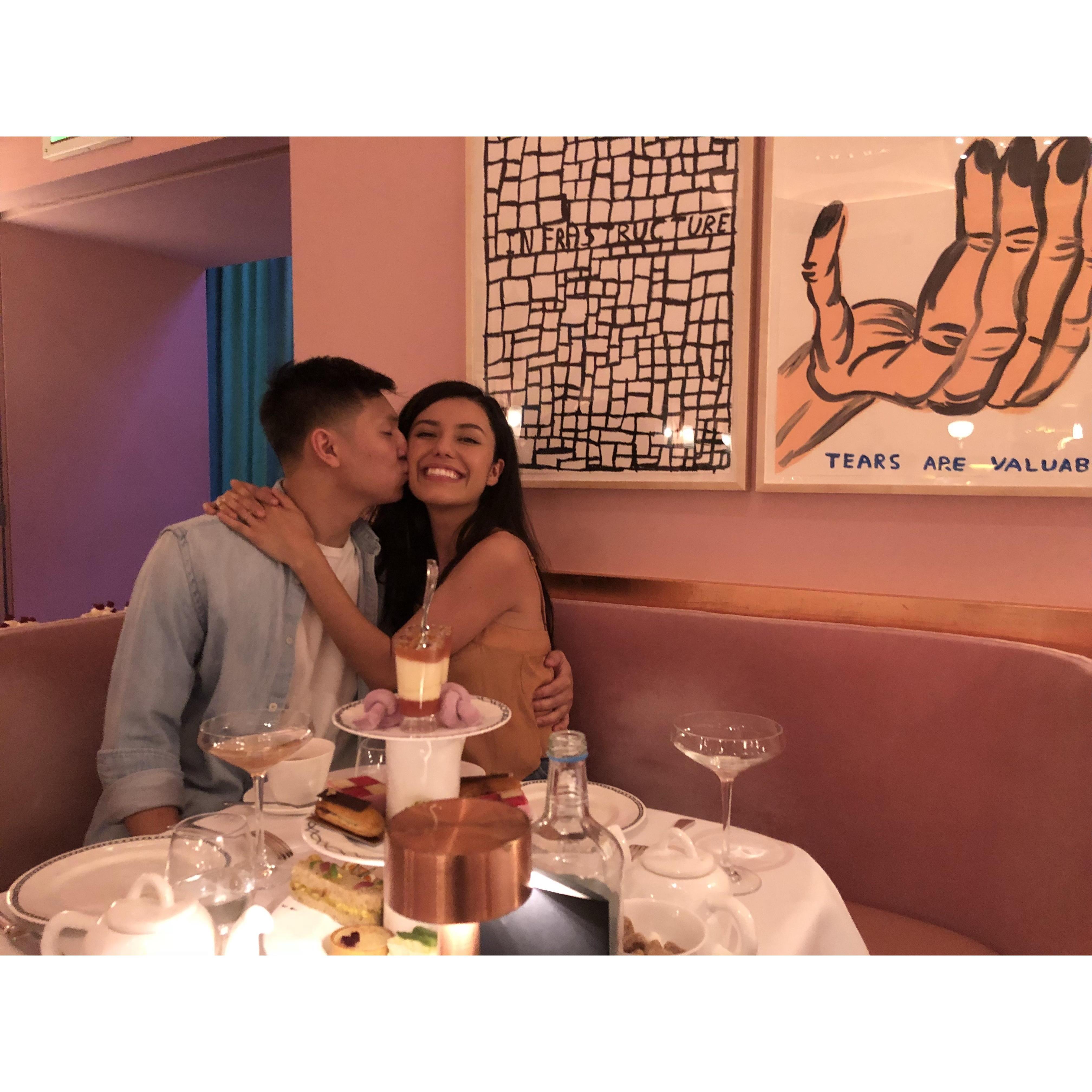 Right after Eli proposed in London! Afternoon tea and champagne followed.