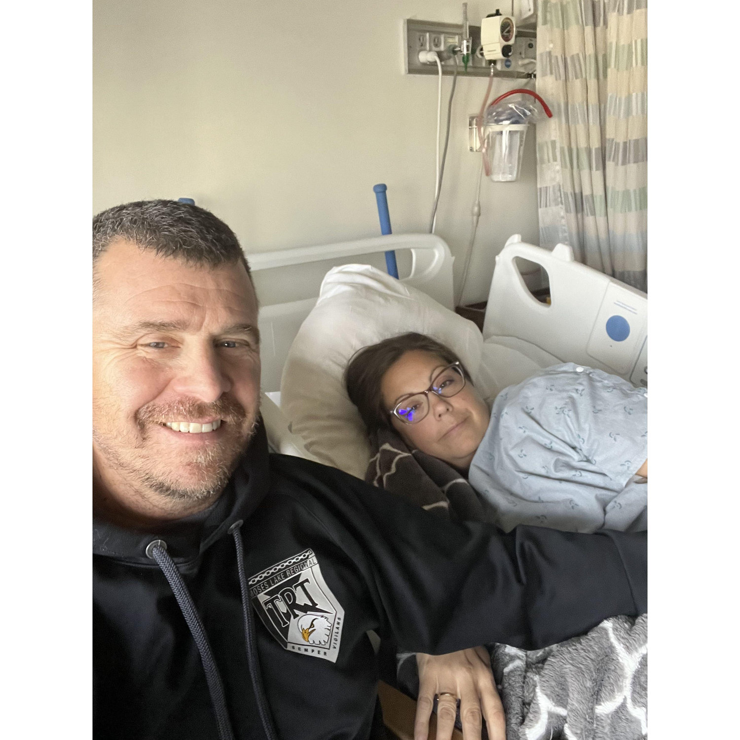 Kyle released from the hospital to come visit me a floor below him