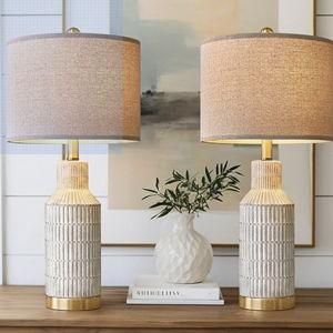 25" Table Lamps Set of 2 - Modern Bedside Lamps for Living Room - White Washed Ceramic Nightstand Lamps for Bedroom