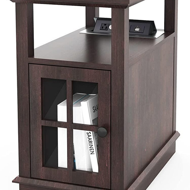 HIFYOBRO End Table with Charging Station, Side Table with Storage for Living Room and Bedroom, Power outlets & USB Ports, Adjustable Shelf
