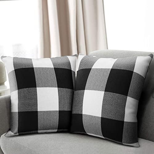 Leafbay Buffalo Check Throw Pillow Covers – Set of 2 Farmhouse Decorative Pillowcases for Home Decor, Sofa, Bedroom, Car, 100% Linen Cushion Case with Plaids on Both Sides, 18 x 18 Inch