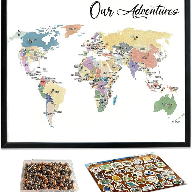 flinelife World Map Pin Board,12X10, World Travel Map With Pins, Perfect For Couples or Retirement Gift
