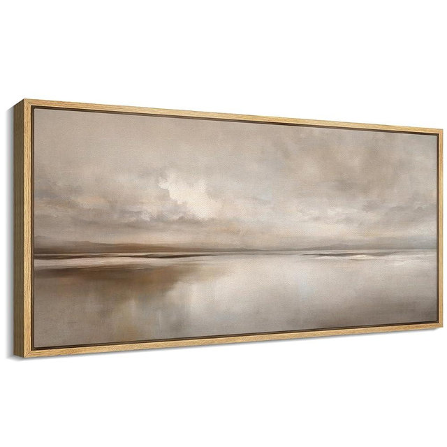 SIGNFORD Extra Large Framed Canvas Print Wall Art Calm Horizon Neutral Toned Seascape Illustrations Modern Art Calm Warm for Living Room, Bedroom, Office - 60"x30" Natural