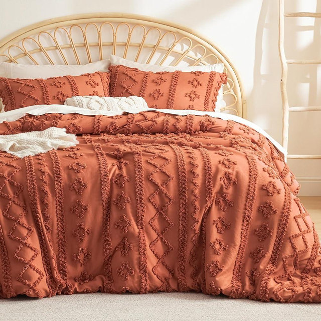 Bedsure Tufted Boho Comforter Set King - Terracotta Boho Bedding Comforter Set, 3 Pieces Farmhouse Shabby Chic Embroidery Bed Set, Soft Jacquard Comforter for Women Men Girls