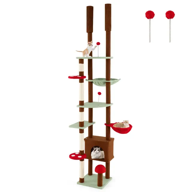 Costway Floor to Ceiling Cat Tree w/Cat Condo & Hammock Rotatable Hanging Basket Indoor