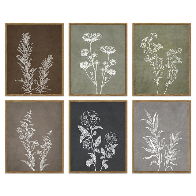 Drsoum Vintage Botanical Wall Art Framed Boho Wall Decor Wooded Minimalist Plant Print Modern Rustic Farmhouse Home Kitchen 8x10inx6pcs