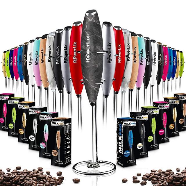 PowerLix Milk Frother Handheld Battery Operated Electric Foam Maker For Coffee, Latte, Cappuccino, Hot Chocolate, Durable Drink Mixer With Stainless Steel Whisk, Stainless Steel Stand Included
