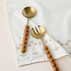 Antique Brass and Beaded Wood Serving Set