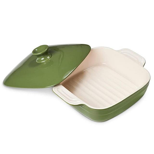 DOWAN Ceramic Baking Dish With Lid, Rectangular Bakeware With Handle Casseroles dish with lids,2 Qt Deep Lasagna Pan Oven Safe for Cooking, Dinner, Banquet, Cake and Pasta, 9 x 9 Inches, Green