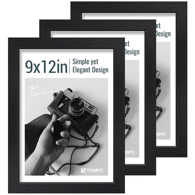 TENIBYC 9x12 Frame 3 Pack - Black Woodgrain, 9 x 12 Picture Frame with HD Tempered Glass, Table or Wall Display