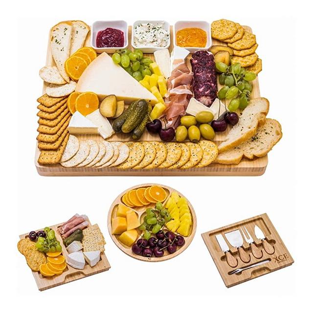 XcE Bamboo Cheese Board and Charcuterie Board with Knife Set, 16 x 13 x 1.5 inch, Include Extra Round Fruit Plate