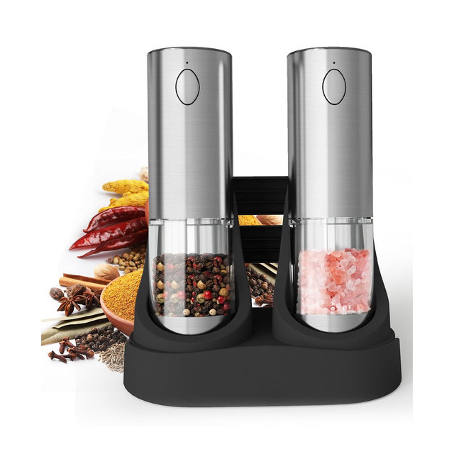 95-ml Rechargeable Electric Salt and Pepper Grinder Set – Stainless Steel Mills with LED Light and Adjustable Coarseness Charging Base