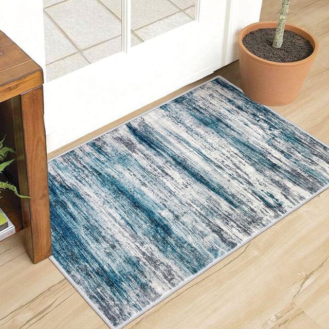 KOZYFLY Modern Abstract Small Area Rugs, 2x3 Washable Kitchen Rug Non-Slip Soft Small Bathroom Rug, Coastal Blue Striped Entryway Rugs Abstract Print Faux Wool Doormat for Bedside Entrance Bedroom