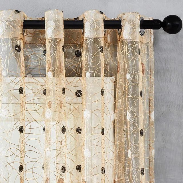 Top Finel Embroidered Dot Voile Sheer Curtains 84 Inches Long for Living Room Bedroom Grommet Window Curtains, 2 Panels, Brown