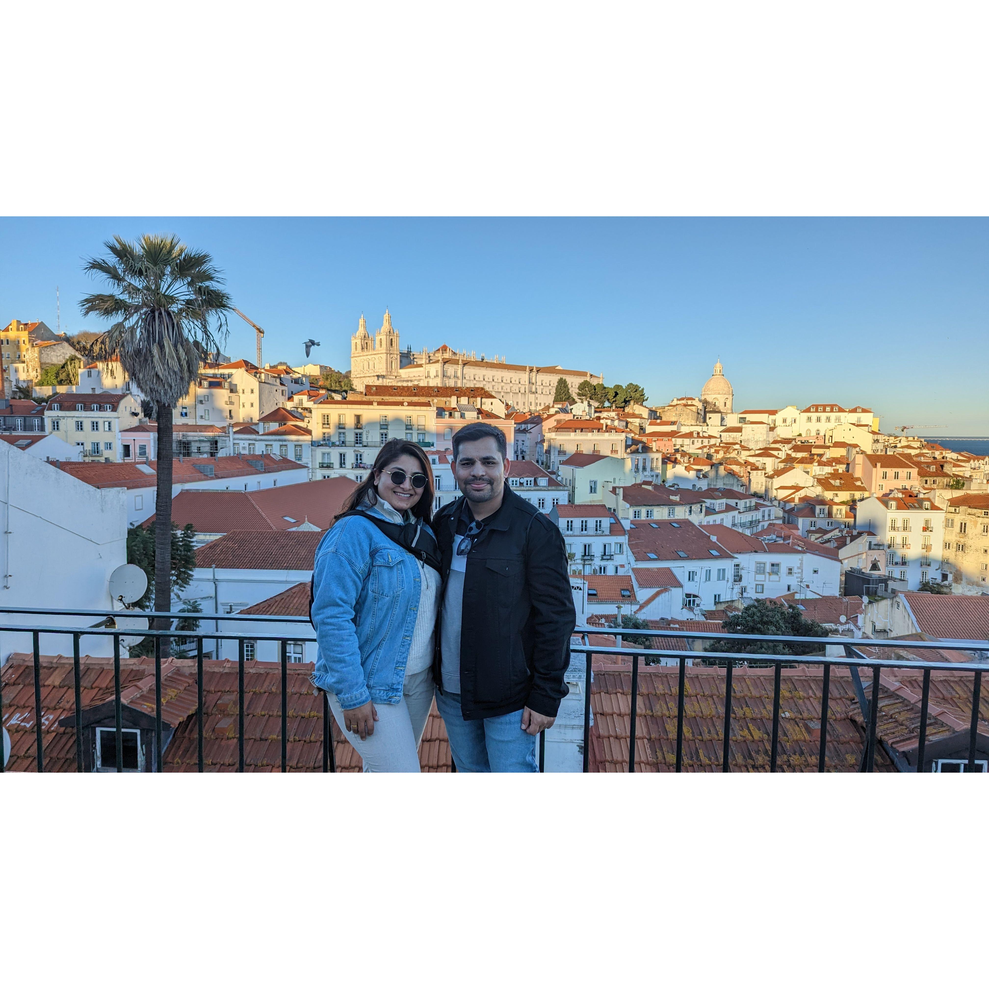 Us in Lisbon. Enjoying the historic building and architecture of the old town.