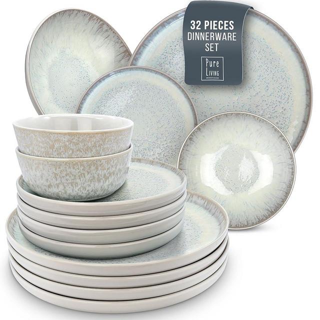 Stoneware dinnerware set 8 persons 32 pcs - Mediterranean dinnerware set, dishwasher, microwave and scratch resistant - Bowl and plate set - Dinnerware Pure Living Light Beige…