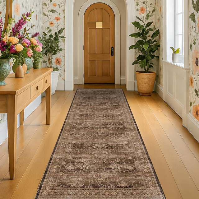 Brown Washable Long Runners for Hallways, 3x8 Wide Kitchen Runner Rug, Entryway Indoor Rug, Non Slip Rubber Backing Boho Vintage Dark Floor Decor