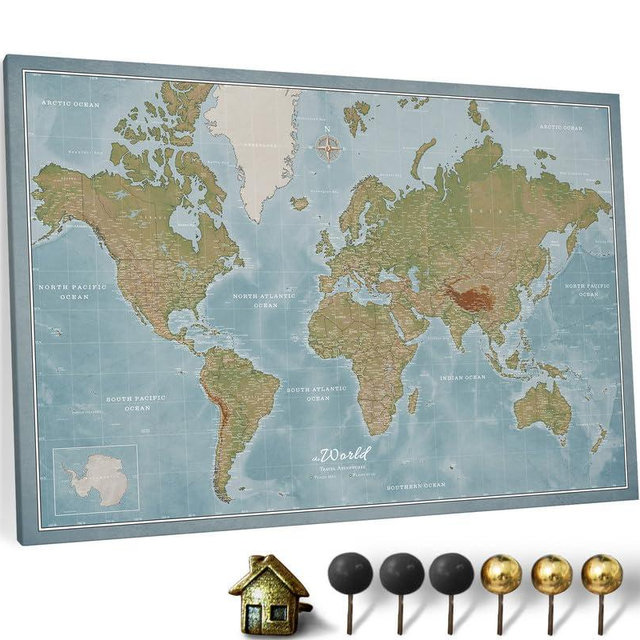 Canvas World Map with Cork Pin Board - English Lettering - Decorative Wall Decoration for All Rooms - Canvas Pictures with World Map Motif (90x60 cm, Pattern 8)