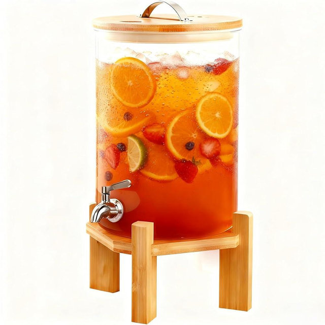 2.1 Gallon Drink Dispenser,Glass Beverage Dispenser With Wood Stand,Large Water Drink Dispensers for Parties with Anti-blocking Spigot,Christmas Party Drink Dispenser for Lemonade,Juice, Iced Tea