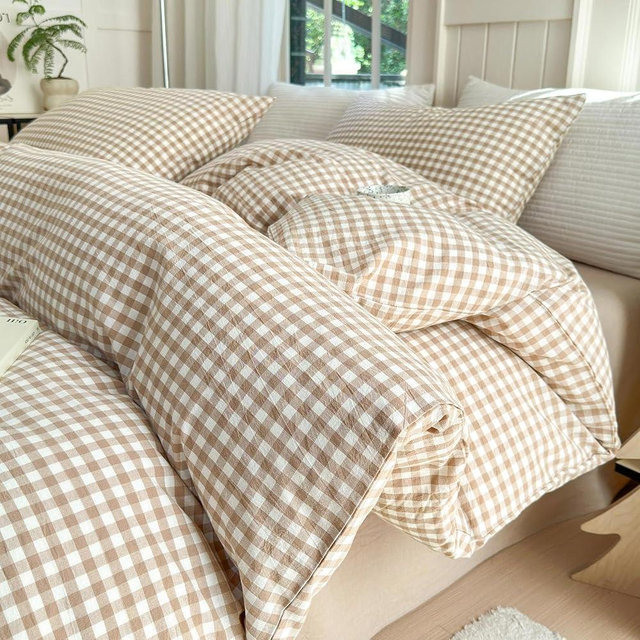 LifeTB Tan Gingham Comforter Set Full Modern Style Beige Plaid Comforter Set 3 Pieces Soft Fluffy Grid Checkered Pattern Comforter with 2 Pillowcases Farmhouse Gingham Bedding Comforter Full