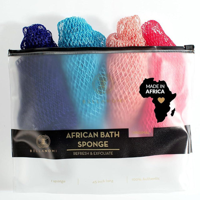 BELLANOMI 4 Piece African Exfoliating Net Sponge Long African Bath Sponge, Authentic Ethically Sourced from Nigeria, Great for Daily Use (Navy Blue, Baby Blue, Blush, Pink)