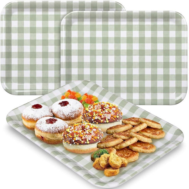Vesici 3 Pcs Sage Green Gingham Serving Trays 13 x 10 Inch Green and White Checkered Melamine Platters Reusable Rectangular Serving Dishes for Picnic Birthday Baby Shower Party Snacks Fruit Dessert
