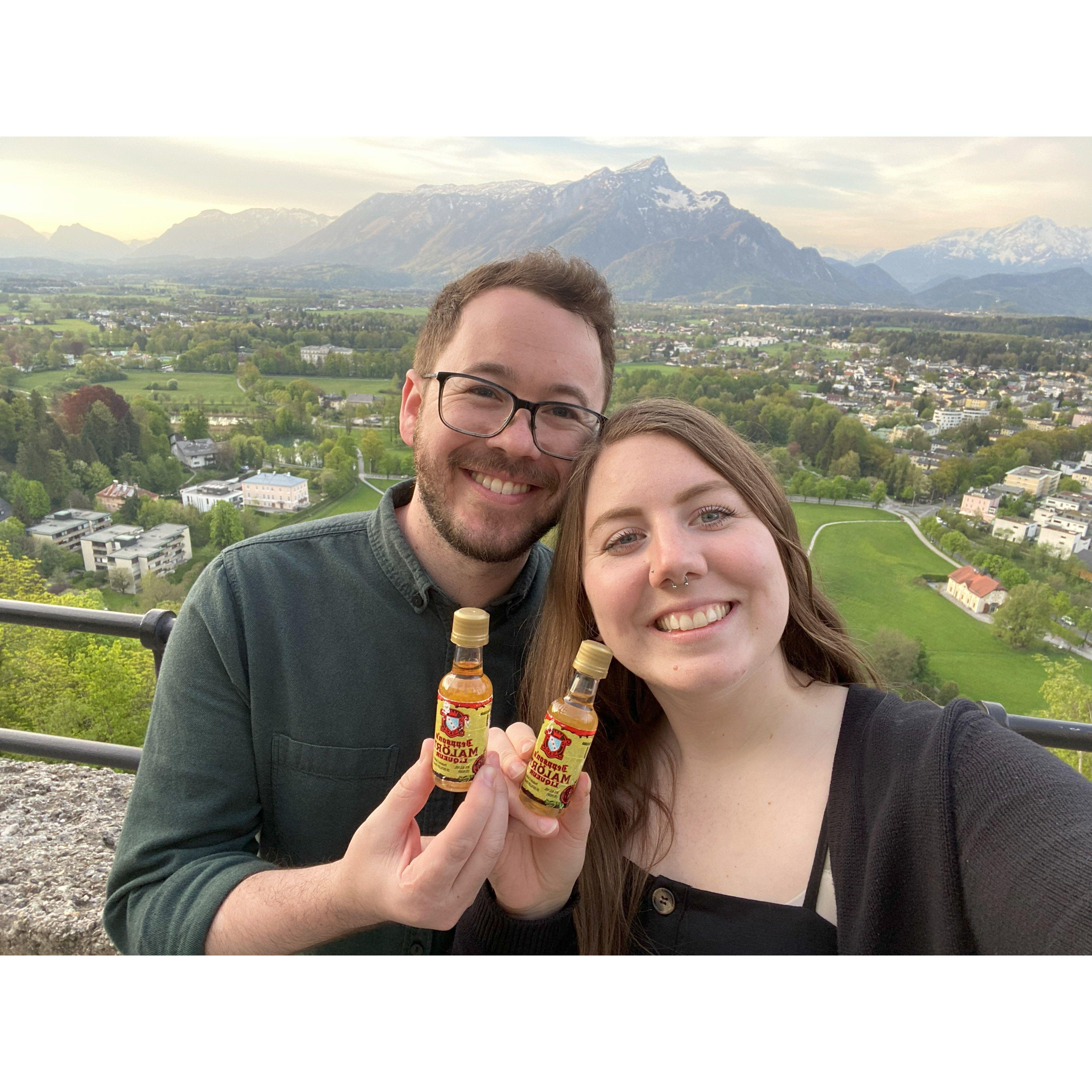 Having Malort shots for Marc's birthday at The Fortress in Salzburg, Austria!