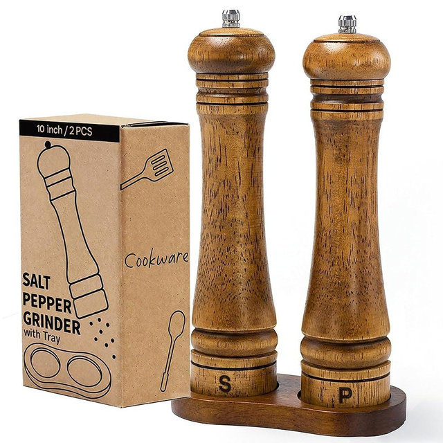 M JINGMEI Wooden Salt and Pepper Grinder Set, Premium Oak Wood Salt Grinders Shakers, Pepper Mill with S and P Engraving, Adjustable Ceramic Grinder (10″ - 2 Packs with Tray)