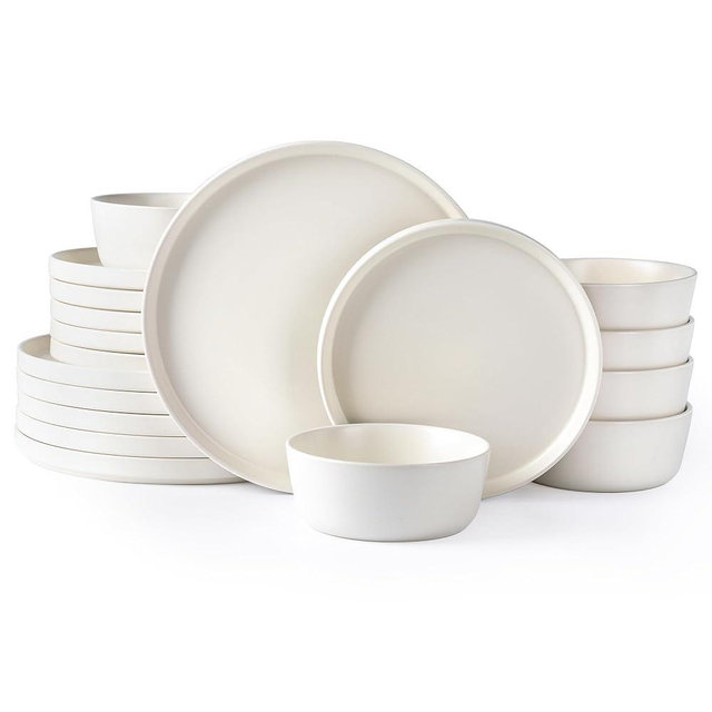 AmorArc Ceramic Dinnerware Sets of 6, Modern Flat Stoneware Plates and Bowls Sets,Chip and Crack Resistant | Dishwasher & Microwave Safe Dishes Set,Scratch Resistant- Service for 6 (18pc)-Matte Cream