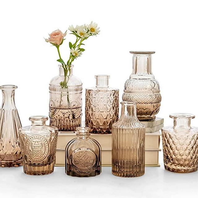 Amber Glass Bud Vase Set of 10 - Small Vases for Flowers, Bud Vases in Bulk, Cute Glass Vases for Centerpieces, Mini Vintage Vase for Wedding Decorations, Table Flower Decor(Brown)