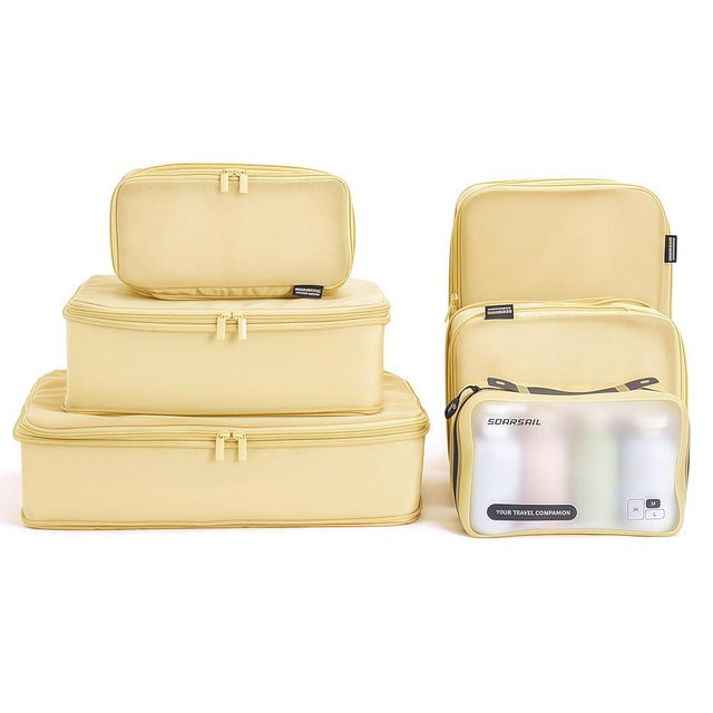 SOARSAIL 6 Set Compression Packing Cubes for Travel, Durable Nylon Oxford Luggage Organizers with IP6X Waterproof Toiletry Bag, 6-Piece Expandable Suitcase Bags (Bright Yellow)