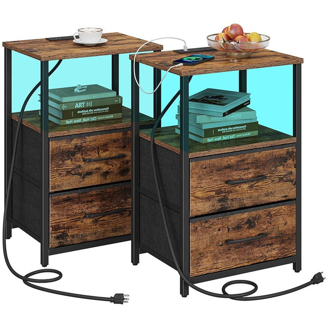 TUTOTAK LED End Table with Charging Station, Nightstand with Cloth Drawer, Side Table with 1 USB Port and 1 Type-C Port, Set of 2, Couch Table, Brown TB01BB052L