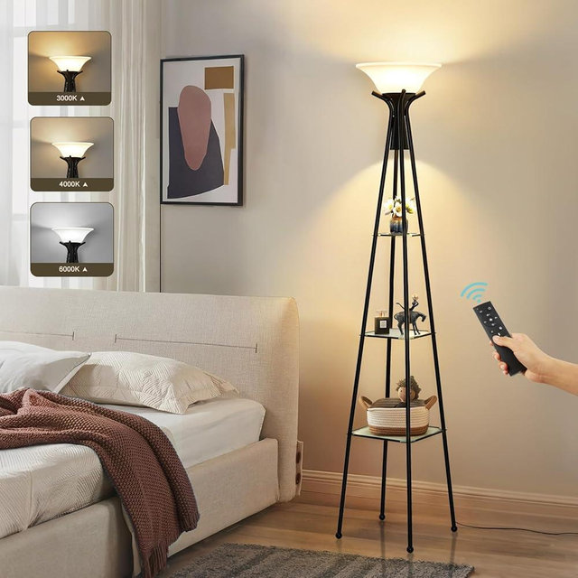 Floor Lamp with Shelves, 69” Tall Shelf Lamp with Remote Control, 3-Tier Glass Shelf Lamp, Dimmable Torchiere Floor Lamps for Living Room, Bedroom, Office, Adjustable Color Temperatures Bulbs Included