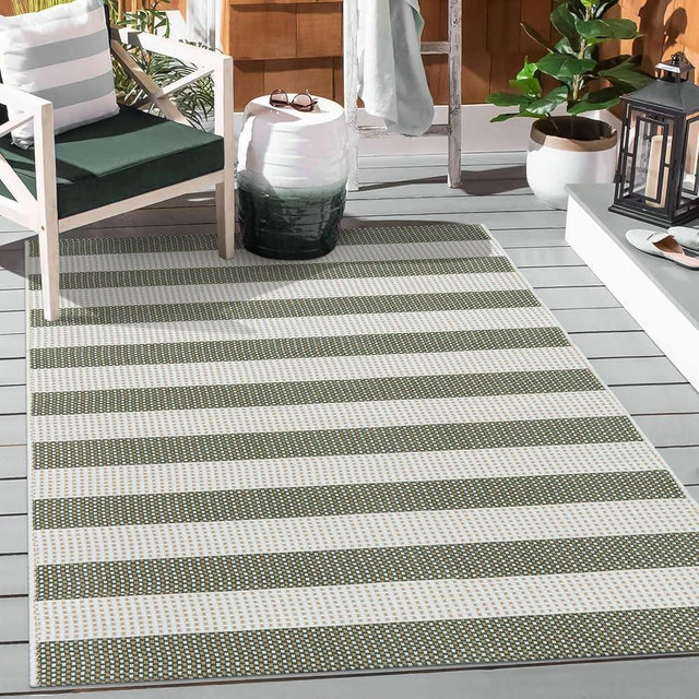 Sungea Striped Outdoor Rug 3x5, Boho Washable Front Porch Rug Cotton Hand Woven Outside Door Mats,Foldable Layered Doormat for Farmhouse/Entryway/Home Entrance(Green and White)