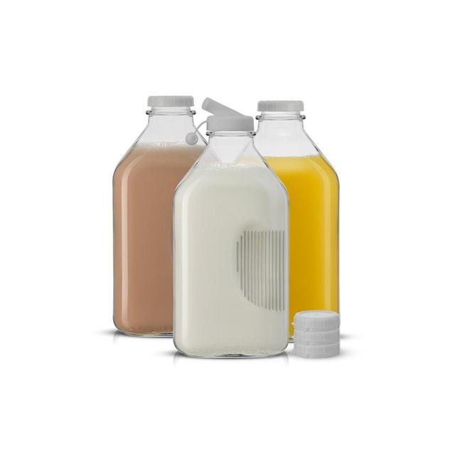 JoyJolt Reusable Glass Milk Bottle with Lid & Pourer - 64 oz Water or Juice Bottles with Caps - Set of 3