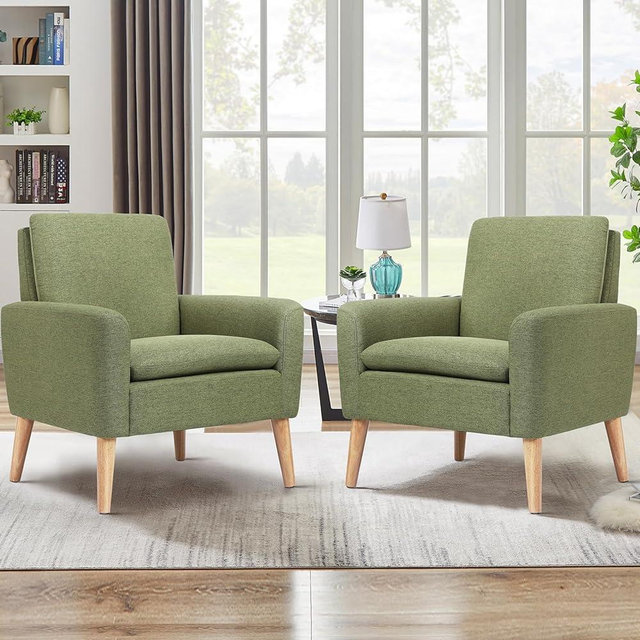 Lohoms Accent Chairs Set of 2 Living Room Chairs Mid Century Modern Chair Upholstered Fabric Comfy Club Chair Pair of Sofa Chair for Bedroom Office, Green