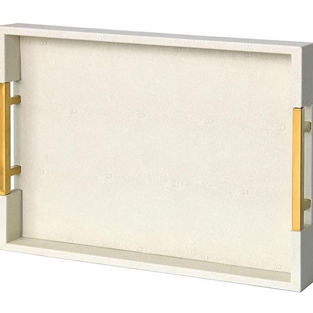 Home Redefined Modern Elegant 18"x12" Rectangle Cream Glossy Shagreen Decorative Ottoman Coffee Table Perfume Living Room Kitchen Serving Tray with Gold Polished Metal Handles for All Occasion's