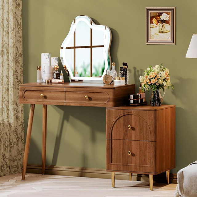 Chrangmay 31.5" Brown Stylish Corner Makeup Vanity Table，with Lighted Mirror and 4 Spacious Drawers，Bedroom Essential Dressing Table with Nightstand，Modern Minimalist Writing Desk for Girls