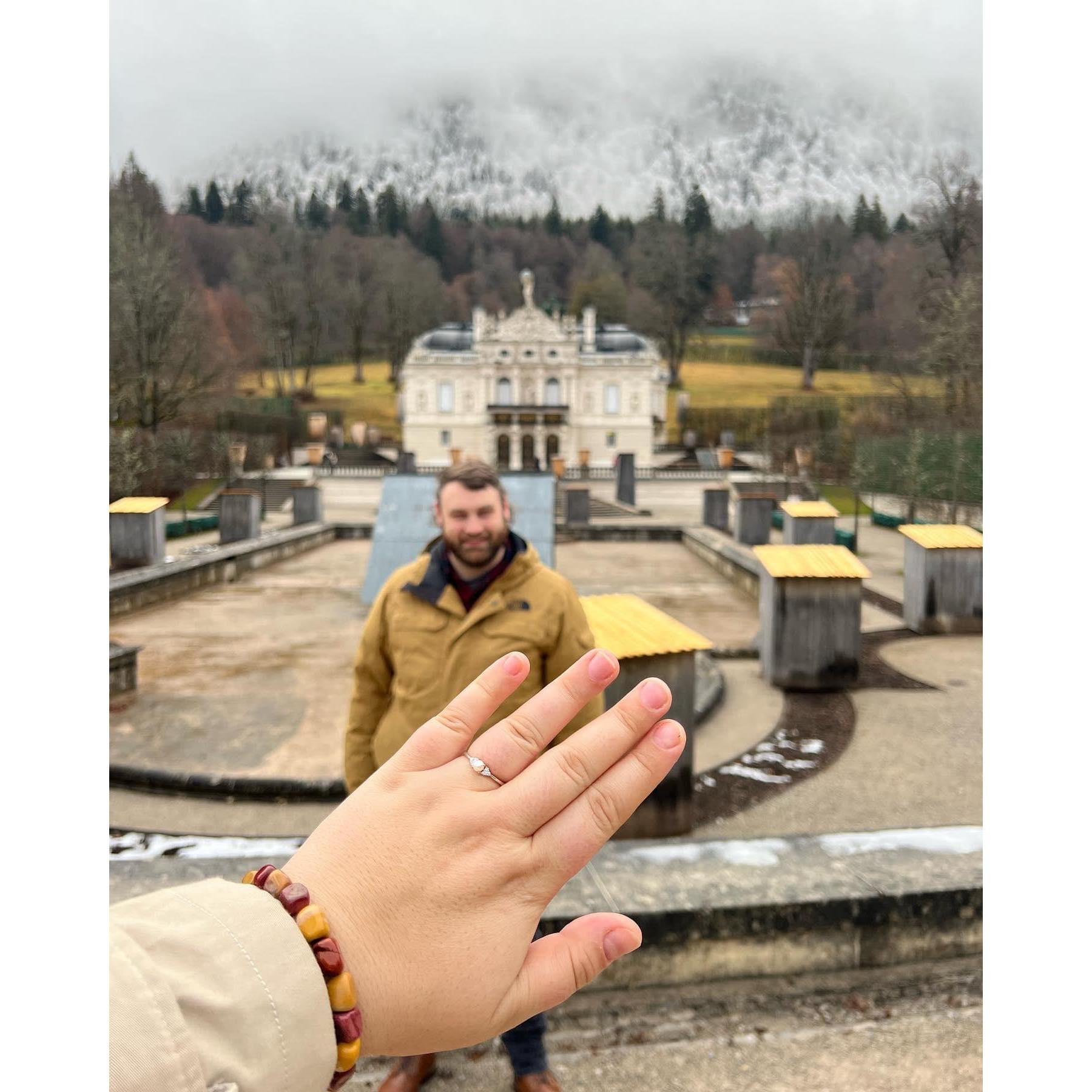 The day Jeremy proposed at Linderhoff Palace in Germany!