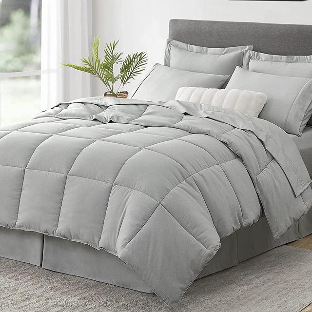 Umchord King Size Comforter Set, 8 Pieces Bed in a Bag, Cationic Dyeing Bedding Sets, Lightweight All Season Down Alternative Light Grey Comforter Set for King Bed (King, 102"x90" inches, Light Grey)