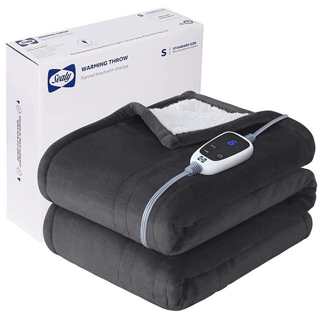 Sealy Heated Throw Blanket, Flannel & Sherpa Reversible Electric Throw with 6 Heating Levels & 2-10 Hours Auto Shut Off, Machine Washable, 50x60 Inch, Dark Grey