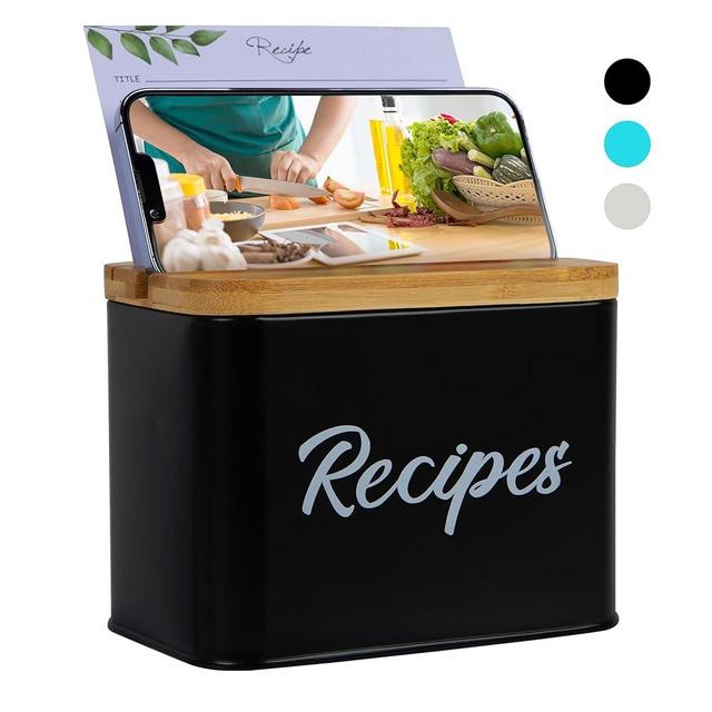 ArtEight Recipe Box - Black - 4"x6" Recipe Cards and Box Set - Durable Recipe Card Box with Thicker Metal - Includes 25 Cards and 10 Dividers - Beautiful Recipe Box with Cards and Dividers