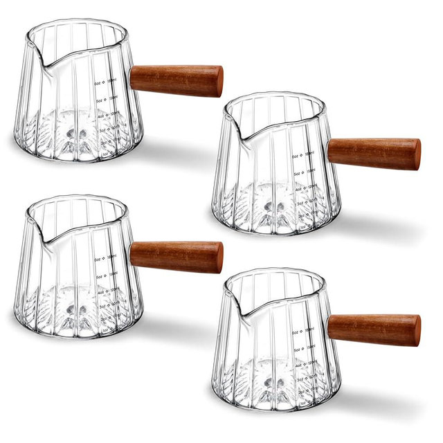 4 PCS 6 Oz Espresso Shot Cups - Espresso Shot Glass with Wood Handle, Clear Borosilicate Glass Measuring Cup with Double Graduations, V-Shaped Mouth, Espresso Accessories