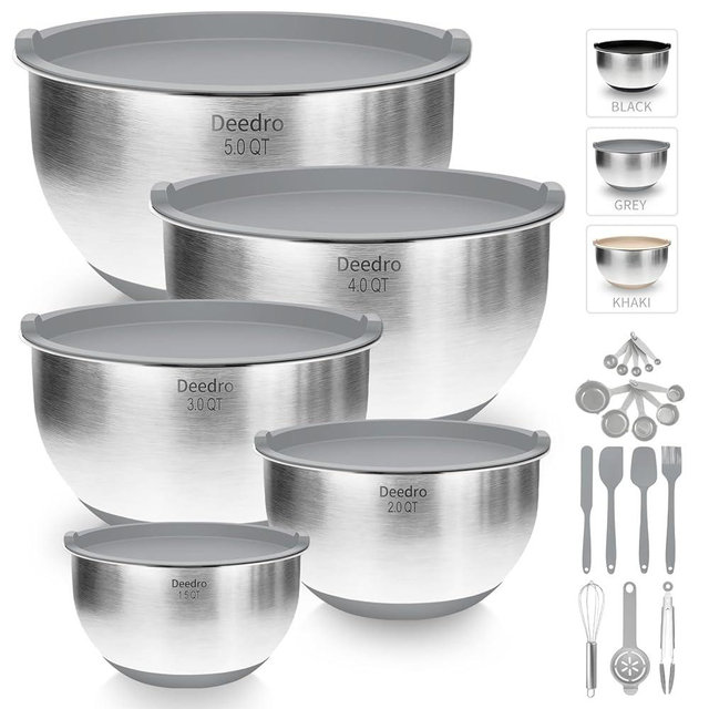 Deedro Premium Mixing Bowls with Airtight Lids Set, 22Pcs Thicker Stainless Steel Mixing Bowl Set, Large Prep Metal Bowls, Non-Slip Silicone Base Nesting Bowls for Kitchen, 1.5/2/3/4/5 QT, Gray