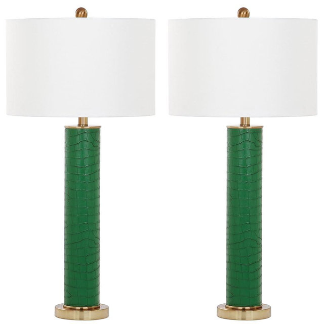 SAFAVIEH Lighting Collection – Set of 2 Ollie Modern Contemporary Dark Green Faux Alligator 32-Inch Table Lamps, LED Bulbs Included, Bedroom Living Room Home Office (LIT4404B-SET2)