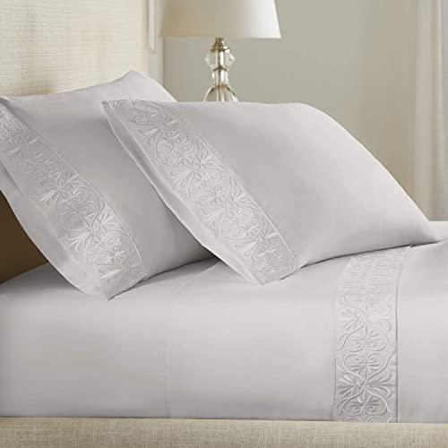 Luxury High End Embroidered 100% Certified Egyptian Cotton Sheet Set | Extra-Long Staple | Cool, Breathable, Ultra Comfort | Tone-on-Tone Scroll Embroidery | All Natural (Linen, California King)
