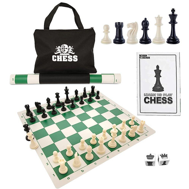 WE Games Best Value Tournament Chess Set - Staunton Chess Pieces and Green Roll-Up Vinyl Chess Board