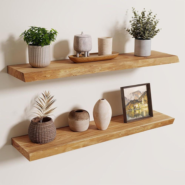 Axeman 32 inch Floating Shelves for Wall - 8'' D Live Edge Rustic Solid Elm Wood Floating Shelves Wall Mounted, Wall Shelves with Invisible Bracket for Living Room Bedroom Kitchen, Set of 2 Natural