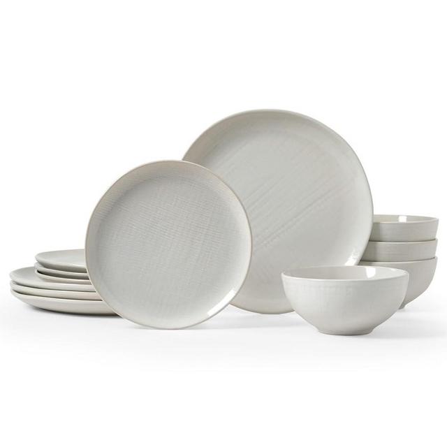 Famiware Moonlight Plates and Bowls Sets, 12 Piece Stoneware Dinnerware Set with Linen Finish, Dishware set for 4, Microwave and Dishwasher Safe, Chip and Scratch Resistant, White