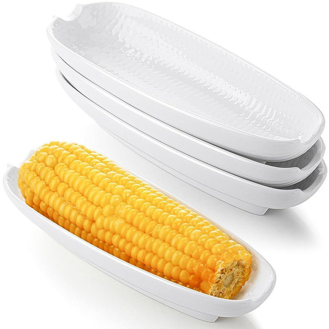 Reallnaive 4 Pcs Ceramic Corn on The Cob Holders 8. 8 Inch on The Corn Dishes Plates Non-slip Bottom Microwave Oven Dishwasher Safe for Family or Restaurant (White)